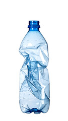 crushed transparent plastic water bottle with blue cap, realistic waste object for recycling and pollution awareness on isolated background
