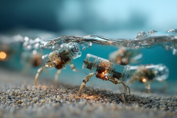 Miniature walking robots with transparent casing stroll on sandy underwater surface just below the water line