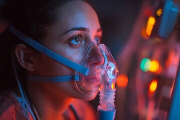 Hispanic female patient with oxygen mask receives respiratory support in hospital intensive care unit, focusing on recovery