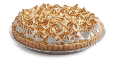 Lemon meringue pie with slice isolated on a white background