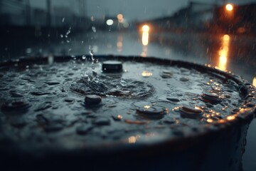 Rainwater Collection on Industrial Metal Barrel During a Stormy Evening with Streetlight Reflections