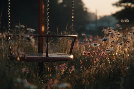 Rustic Merry-Go-Round in Meadow with Daisies at Sunrise, Chain Swing Seat Amidst Field, Warm Glow, Outdoor Park