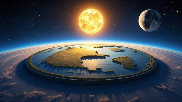 A conceptual image illustrating the flat Earth theory, depicting a disc-shaped Earth with continents and oceans. The sun is shown above the plane, and stars are visible in the dark background