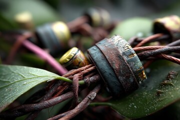 Macro Image of Electronic Components Intertwined with Twine and Green Foliage in a Detailed Composition