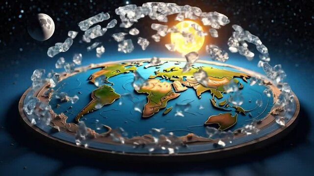 A conceptual image illustrating the flat Earth theory, depicting a disc-shaped Earth with continents and oceans. The sun is shown above the plane, and stars are visible in the dark background