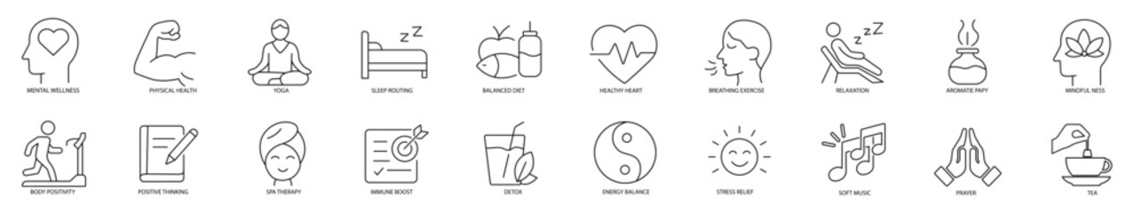 Flat vector icons representing wellness, self-care, mental and physical health..