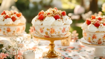 Exquisite Dessert Table with Beautifully Decorated Bowls of Whipped Cream and Fresh Berries in an Outdoor Setting