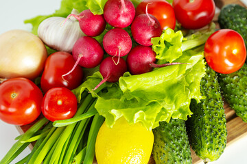 Set of fresh vegetables and fruits close-up. Healthy eating concept.