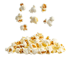 falling popcorn kernels in motion with a pile below, crispy white snack food isolated on background
