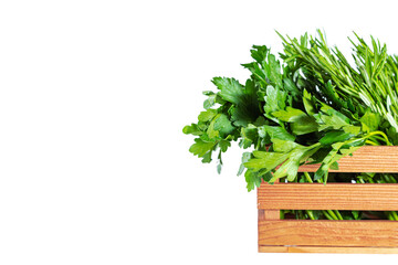 Rosemary and parsley in wooden box. Fresh herbs. Isolated on white background.