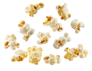 floating popcorn kernels suspended in air, white fluffy snack food isolated on background
