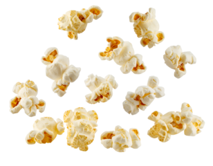 floating popcorn kernels suspended in air, white fluffy snack food isolated on background
