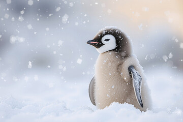 Emperor penguin chick enjoying falling snow in antarctica