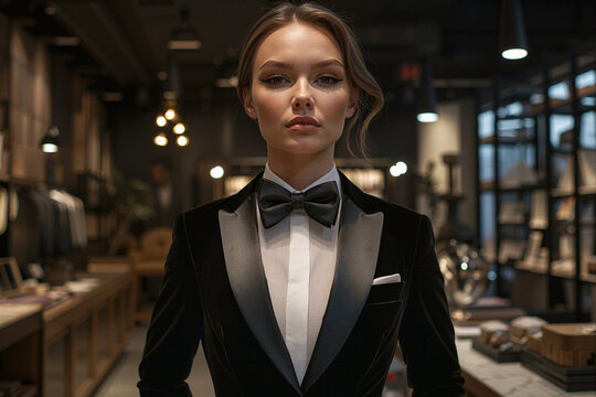 Elegant businesswoman wearing tuxedo and bow tie in luxury boutique