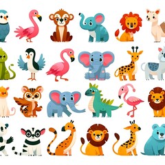 Obraz premium Fun and vibrant children’s illustration of zoo and jungle animals with butterflies, flowers, and green plants, perfect for kids' decor and learning,