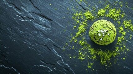 Vibrant Green Matcha Powder on Elegant Dark Slate Surface with Textured Patterns and Contrast Effects