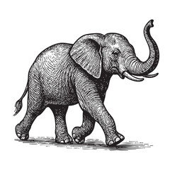 Obraz premium elephant walking woodcut engraving vector illustration