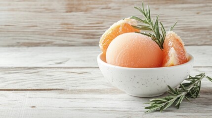 Fresh Citrus Sorbet with Orange Slices and Rosemary Garnish in Rustic Bowl