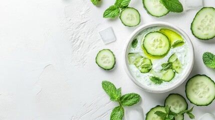 Refreshing Cucumber Mint Yogurt Dip with Fresh Mint Leaves and Cool Cucumber Slices on White Background