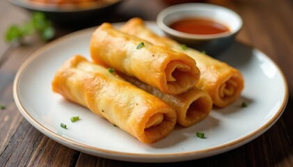Crispy spring rolls on a white plate, soy sauce dipping dish, clean eating, party food