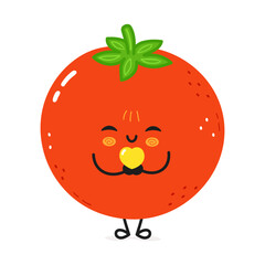 A cute cartoon Tomato character with a happy smile and a yellow heart on white background.