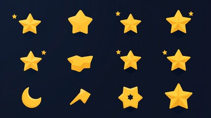 Fototapeta premium Collection of various golden star shapes on dark background.