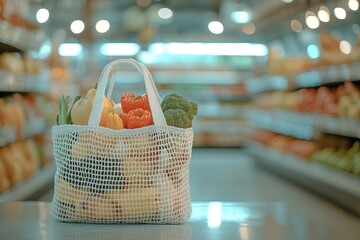 A white mesh tote bag filled with vegetables and fruits is placed on the table in front of you, with a blurred background of supermarket shelves.