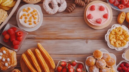 Fototapeta premium Colorful Array of Sweet Treats Featuring Cakes, Cookies, Fruits, and Pastries on Rustic Wooden Table