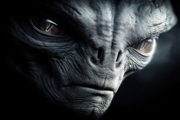 Futuristic alien close-up, gray textured skin, large expressive eyes, emphasizes otherworldly characteristics, sci-fi theme.