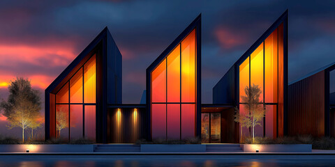 Fototapeta premium Modern architectural marvel showcasing triangular structures illuminated by warm glow, vibrant sunset hues enhancing scene.
