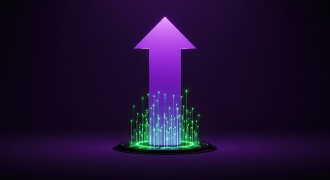 Large purple arrow rises from a green glowing platform with light trails, symbolizing growth, technology, advancement, and innovation on a dark background.