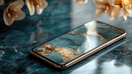 Sleek smartphone in a minimalist style with a smooth marble counter.