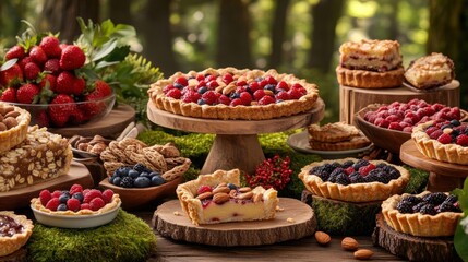 Fototapeta premium Assorted Baked Pastries and Fresh Berries Displayed on Rustic Wooden Table in Natural Outdoor Setting