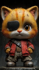 Adorable, orange cat with eyepatch, wearing a red jacket and pants, small figure