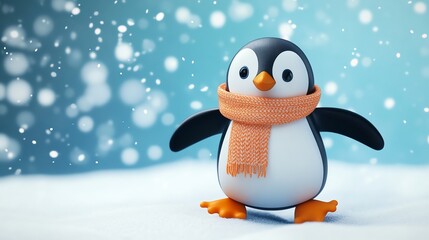 3D render of a cute penguin standing in snow with an orange scarf against a blurred winter background.