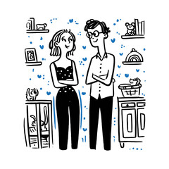 Hand-Drawn Doodle of a Couple in a Cozy Home Environment
