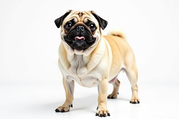 Obraz premium Playful pug, standing, facing forward, pure white background, fawn pug, playful