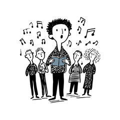 Hand-Drawn Illustration of People Singing with Musical Notes Around
