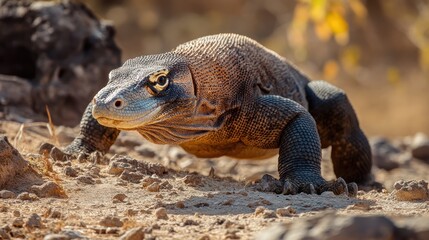 Obraz premium Komodo dragon resting in its natural environment during golden hour