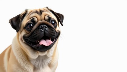 Pug with endearing expression, isolated white backdrop Close-up shot , image, stock photo