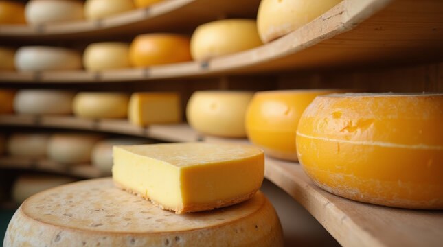 Storing cheese on wooden shelves in the cellar