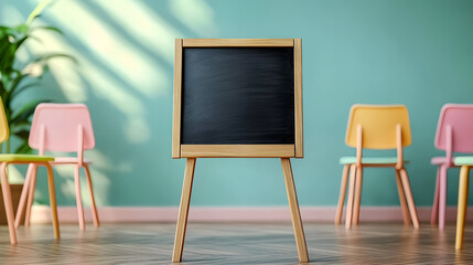 A blank chalkboard stands on a wooden easel in a bright classroom with pastel-colored chairs, symbolizing a space for learning and creativity.