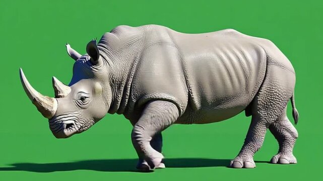 A rhinoceros walking in front of a green screen with visible horns and thick skin texture detail green screen video