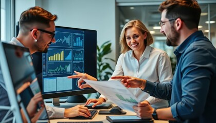 Collaborative Data Analysis Session: Team Discussing Financial Charts on a Monitor