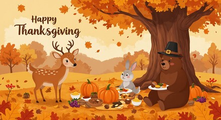Autumnal Thanksgiving Feast: Animals Gather for Gratitude