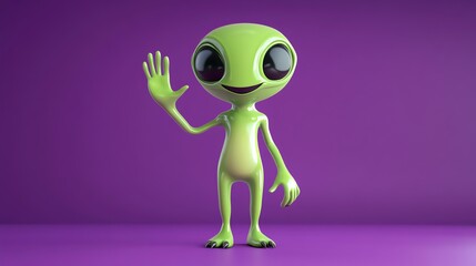 3D render of a friendly green alien figure waving with a smiling face on a purple background.