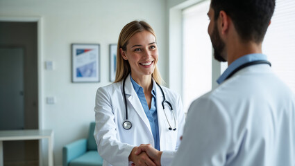 Fototapeta premium Smiling Female Doctor Shaking Hands with Male Colleague, Medical Teamwork