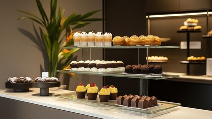 Elegant Display of Gourmet Desserts in Modern Bakery Setting with Colorful Treats and Artful Presentation