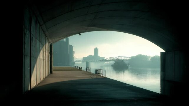 Industrial waterfront scene featuring a river, bridge, barge, and structures viewed from under a concrete overpass, captured in atmospheric lighting.