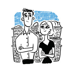 Hand-Drawn Doodle Illustration of a Couple with Laundry Baskets